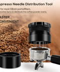 Espresso WDT Tool With 22 Needles For 58mm Portafilters Barista Grade Distribution tool over portafilter with coffee grounds