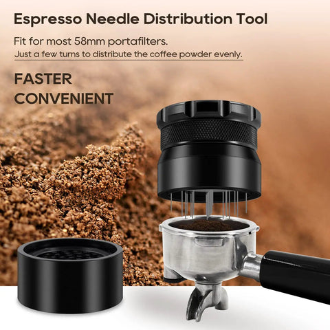 Espresso WDT Tool With 22 Needles For 58mm Portafilters Barista Grade Distribution tool over portafilter with coffee grounds