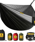 Bug Free Camping Hammock With Mosquito Net 500 Lb Capacity Includes Tree Straps 2 In 1 Double Or Single Setup Perfect For Outdoors Indoor Chillin Backpacking Or Beach Trips Black And Grey shown with carrying bags and straps.