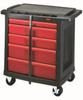 Mobile Tool Work Center On Wheels With 5 Drawers And 250 LB Capacity Built From High Density Structural Foam For Rugged Rust Proof Durability In Warehouse Garage And Maintenance Tasks Plus A Bright Red Locking Cabinet. Black and red 5-drawer mobile work center on casters.