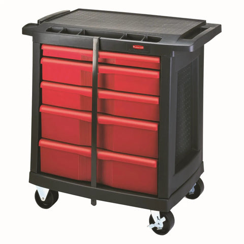 Mobile Tool Work Center On Wheels With 5 Drawers And 250 LB Capacity Built From High Density Structural Foam For Rugged Rust Proof Durability In Warehouse Garage And Maintenance Tasks Plus A Bright Red Locking Cabinet. Black and red 5-drawer mobile work center on casters.