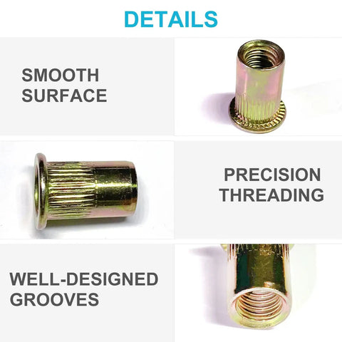 Rivet Nut Tool Kit With 520-Piece SAE And Metric Rivet Nuts Set showing smooth surface, precision threading, and well-designed grooves.