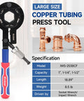 Heavy Duty Copper Pipe Press Tool For 1 Inch 1 25 And 1 5 Fittings showing large size ergonomic handle and copper fittings.