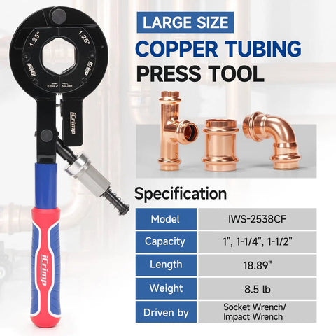 Heavy Duty Copper Pipe Press Tool For 1 Inch 1 25 And 1 5 Fittings showing large size ergonomic handle and copper fittings.