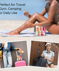 23 Pack TSA Approved Travel Bottles Set with Leakproof Refillable Silicone Squeezable Bottles and Jars in clear pink bag on beach