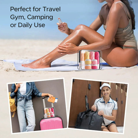 23 Pack TSA Approved Travel Bottles Set with Leakproof Refillable Silicone Squeezable Bottles and Jars in clear pink bag on beach