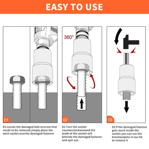 Illustration of using Six Piece Twist Socket Set For Stripped Lug Nuts And Damaged Bolts Wheel Lock Remover Kit