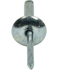 Heavy Duty Workhorse Large Flange Pop Rivets 1/4 X 3/4 Inch Zinc Coated Steel front view with shiny finish and steel mandrel.