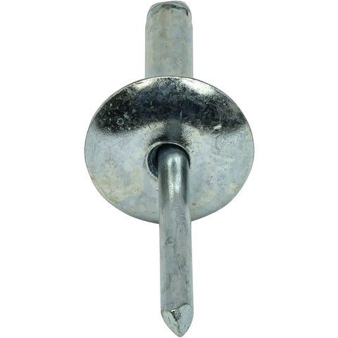 Heavy Duty Workhorse Large Flange Pop Rivets 1/4 X 3/4 Inch Zinc Coated Steel front view with shiny finish and steel mandrel.