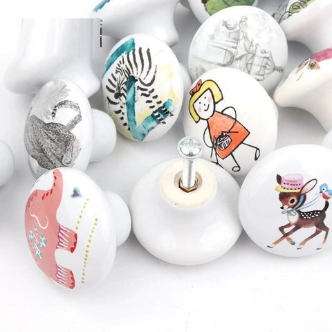 Dang Cute Cartoon Ceramic Drawer Knobs With Sturdy Zinc Alloy Core Comfortable Grip Kitchen Cabinet Pulls And Wardrobe Hardware Four Pack, illustrated designs on white ceramic