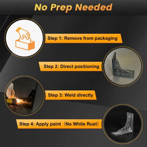 No Prep Needed guide showing steps to use Twenty Pack Heavy Duty Weld On Gusset Plates Quarter Inch Thick Half Inch Holes A572 Steel.
