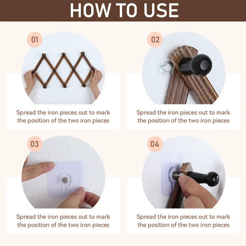 Instructions on mounting the Expandable Accordion Wall Rack For Hats Coats Scarves And Purses Wood X Shape Coat Organizer.