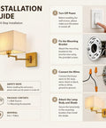 Installation guide for Modern Rectangular Fabric Wall Sconce,Swing Arm Wall Lamp,3 Color Lighting with step-by-step instructions.