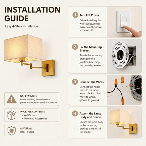 Installation guide for Modern Rectangular Fabric Wall Sconce,Swing Arm Wall Lamp,3 Color Lighting with step-by-step instructions.
