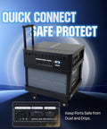 5120Wh SL3500 Stackable Power Station With Solar Inverter on wheels with connection ports and dust protection message.