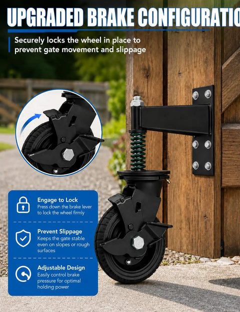 Hefty Black Fence Gate Rollers With Secure Locking Brake, 600 Pound Rock Solid Anti Sag Setup For Metal Tubes And Wood Gates, Silent Dual Ball Bearing Smooth Operator Glide with upgraded brake configuration.
