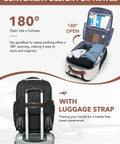 Travel luggage set with wheels: beige carry-on suitcase opened to reveal packing, plus black rolling backpack with strap