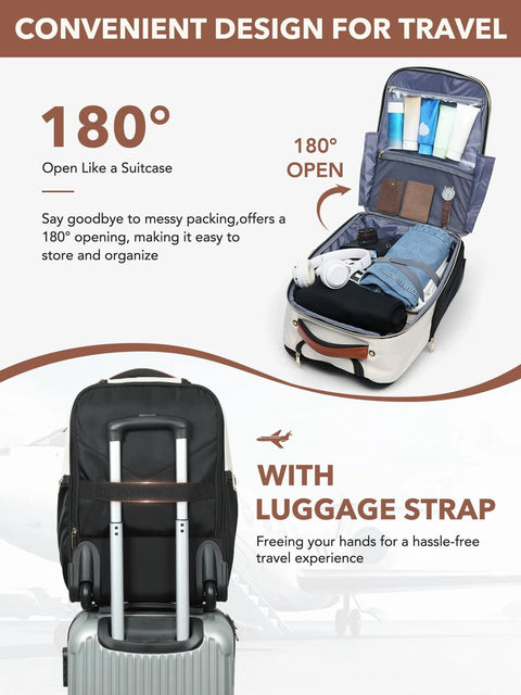 Travel luggage set with wheels: beige carry-on suitcase opened to reveal packing, plus black rolling backpack with strap