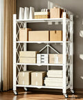 Heavy Duty Four Tier White Collapsible Metal Wire Shelving Rack That Folds Flat And Serves As A Total Game Changer For Organizing Kitchen Pantry Garage Or Living Room Spaces with boxes and storage bins