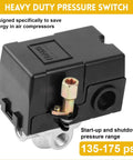 Air Compressor Pressure Switch With Adjustable Unloader And Relief Valve Preset 135 to 175 psi Four Port 26 Amp 220V lever black casing