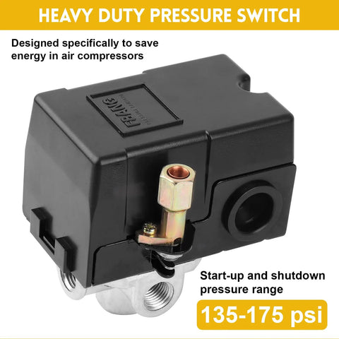 Air Compressor Pressure Switch With Adjustable Unloader And Relief Valve Preset 135 to 175 psi Four Port 26 Amp 220V lever black casing