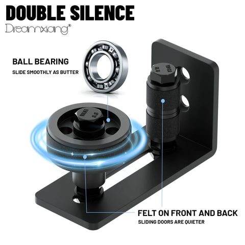 Sliding Barn Door Floor Guide Set, Wall Mount Stay Roller With 8 Setup Options, Adjustable Flush Flat Bottom Door Guides, Non Scratch Hardware Kit With Felt Strips, 4 Pack Durable Floor Safe Design For Easy Installation close-up with ball bearing.