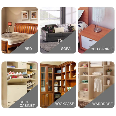 Image of various home furniture including bed, sofa, bed cabinet, shoe cabinet, bookcase, and wardrobe.