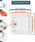 Top Shelf 6X6 Inch White Metal Lockable Wall Access Panel dimensions showing 7.8 in x 5.9 in size and key lock features.