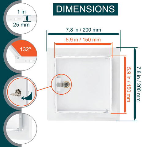 Top Shelf 6X6 Inch White Metal Lockable Wall Access Panel dimensions showing 7.8 in x 5.9 in size and key lock features.