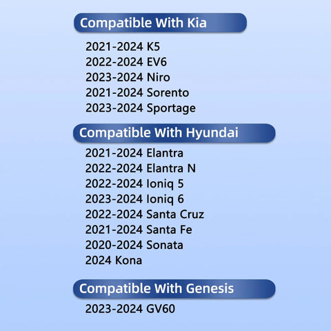Compatibility list for Activated Carbon Cabin Air Filter for Kia Hyundai Genesis models 2020-2024 including K5 EV6 GV60.