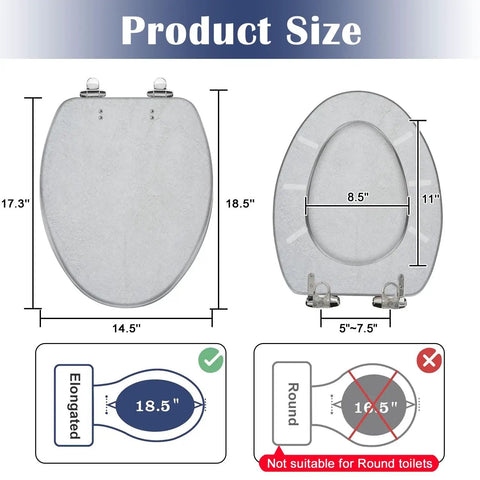 Elongated Retro backgrounds Toilet Seat size dimensions chart showing measurements of 18.5 inches elongated design.