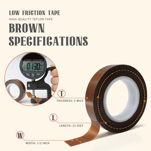 High Performance Real Smooth Glide Felt Tape Two Roll Brown Self Adhesive Low Friction Drawer Slide Strips with thickness gauge and specs.