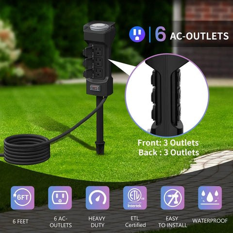 Slick 24 Hour Outdoor Stake Timer Boasts 6 Outlets And 6 Ft Extension Cord on grass, showcasing black housing and IP rated design.