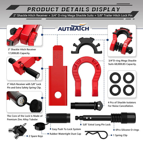 Heavy Duty Off Road Towing Kit With 2 Inch Shackle Hitch Receiver, Three Quarter Inch Mega D Ring Shackle, Five Eighth Inch Trailer Hitch Lock Pin, 68,000 Lbs Break Strength, Ready To Roll Recovery Gear For Trucks And SUVs product display with components and specifications