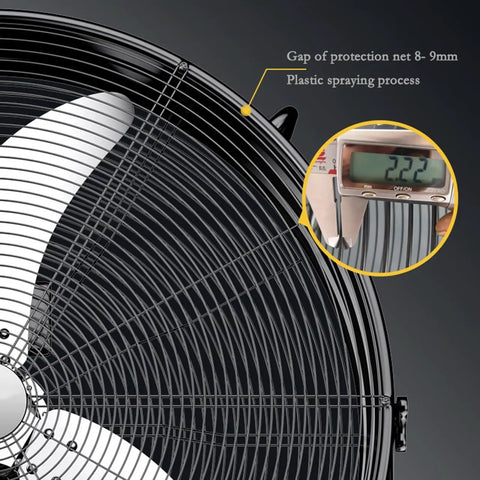 Close-up of Heavy Duty 36 Inch Commercial Floor Fan With Whisper Quiet Motor showing protective net gap and plastic spraying process.