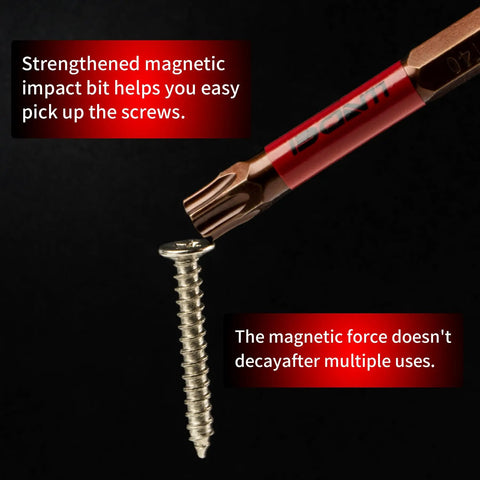 Torx Bit Set 25 PC With Security Tamper Resistant Star Bits T5 To T40 1 Inch And 2 Inch Magnetic Bits holding a screw