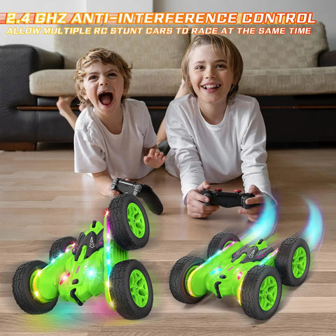 Children playing with remote control car with upgraded strip lights and bright headlights, showing 360 flips on hardwood floor.