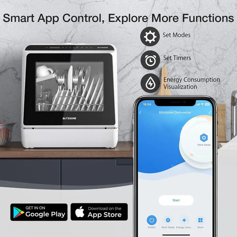 No Sweat Portable Countertop Dishwasher With Slick Wifi App Control showing app interface and control settings.