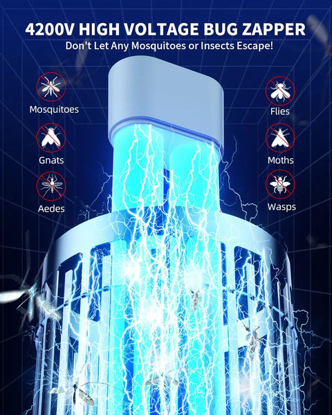 Outdoor Bug Zapper With Dual LED Lights For Mosquitoes And Flies, 4200V Electric Fly Trap, showing UV light and high-voltage grid