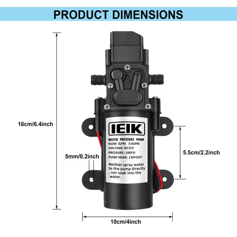 Beefy 12V Diaphragm Water Pump For Sprayers And RVs Self Priming 116 PSI 5 LPM 1.35 GPM Flow dimensions diagram