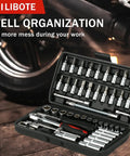Open Beefy 47 Piece General Home And Auto Repair Tool Kit Set With Drawer Storage Case on a garage floor