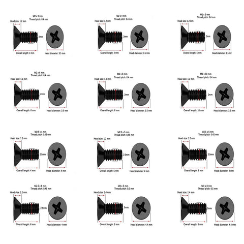 Detailed view of Laptop Screws Replacement Kit, 240 Pieces In M2, M2.5, M3 Sizes, Alloy Steel, showing various dimensions.