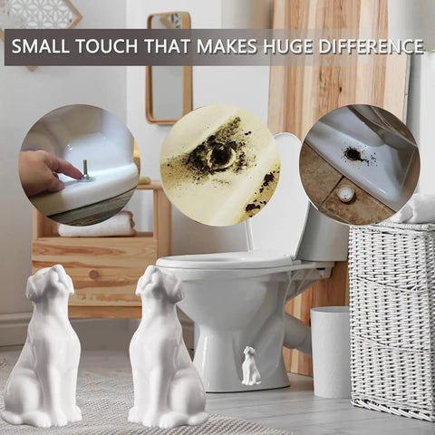 Two Pack Dog Themed White Ceramic Toilet Bolt Caps Easy Install Screw Covers For Bathroom Decor Hides Rusty Bolts On Bottom Of Toilet Tall Design For A Clean Look, showing installation and effect in bathroom setting.