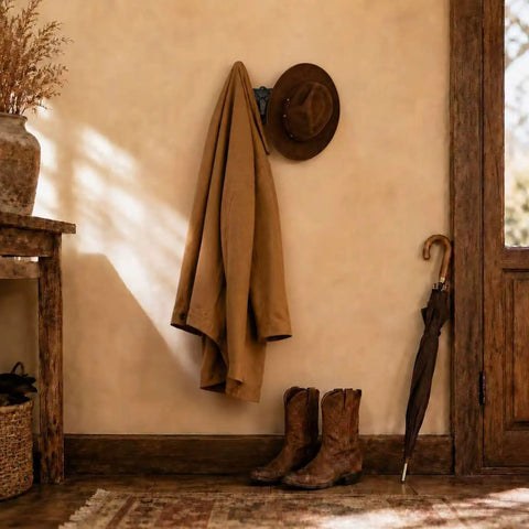 Rustic entryway showing Built Tough 4 Pack Western Bull Horn Hat Hooks In Matte Black Cast Iron Wall Rack with coat and hat.