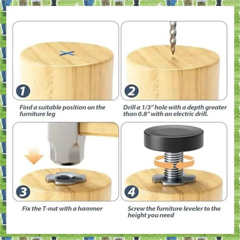 Installation steps for Adjustable Furniture Feet Set 24 Piece Leveling Feet With T Nuts Black Metal Leg Levelers on wood leg
