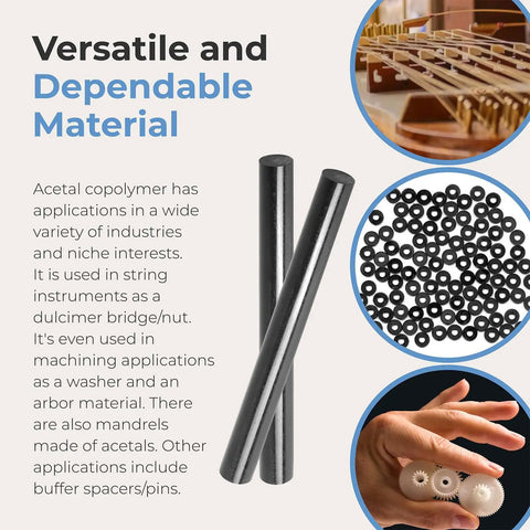 Two Pack Round Acetal Copolymer Rods 2 Inch Diameter 12 Inch Length Opaque Black Pro Grade POM-C Rods Low Friction High Impact Chemical Resistant ASTM D6778 Compliant Ideal For Non-Marring Fixtures And DIY Projects, black rods shown with gears and washers