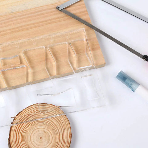 Straight Up Durable Router Clip Butterfly Inlay Template With Thick Clear Acrylic Guide For Woodworking Decor And Diy Crafts No Sweat Cutting Fixture Seven Inch Size For Pro Shop Results on wood with ruler and saw.