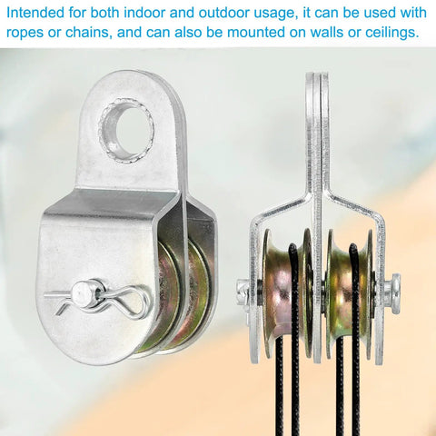Beefy Heavy Duty Double Pulley Block Wheel Set Two Pack 38mm Carbon Steel Construction For Lifting And Towing Applications Indoor Outdoor Use Rust Resistant Waterproof Built To Last, double pulley shown with rope