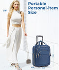 Woman walking with dark blue underseat carry on luggage 16 inch softside roller bag airline approved ultra lightweight with smooth wheels.