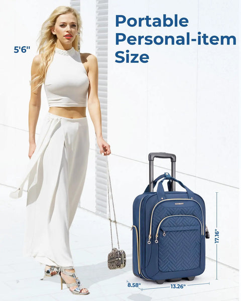 Woman walking with dark blue underseat carry on luggage 16 inch softside roller bag airline approved ultra lightweight with smooth wheels.